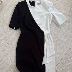 Calvin Klein Black and White Asymmetric Draped Mini Dress